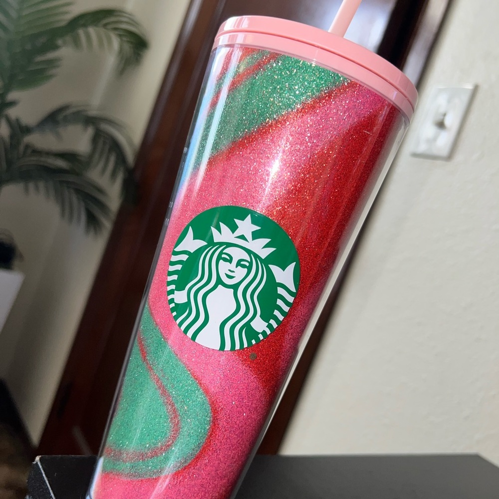 Holiday Swirl Pink Green Red Sparkly Glitter Starbucks Cup